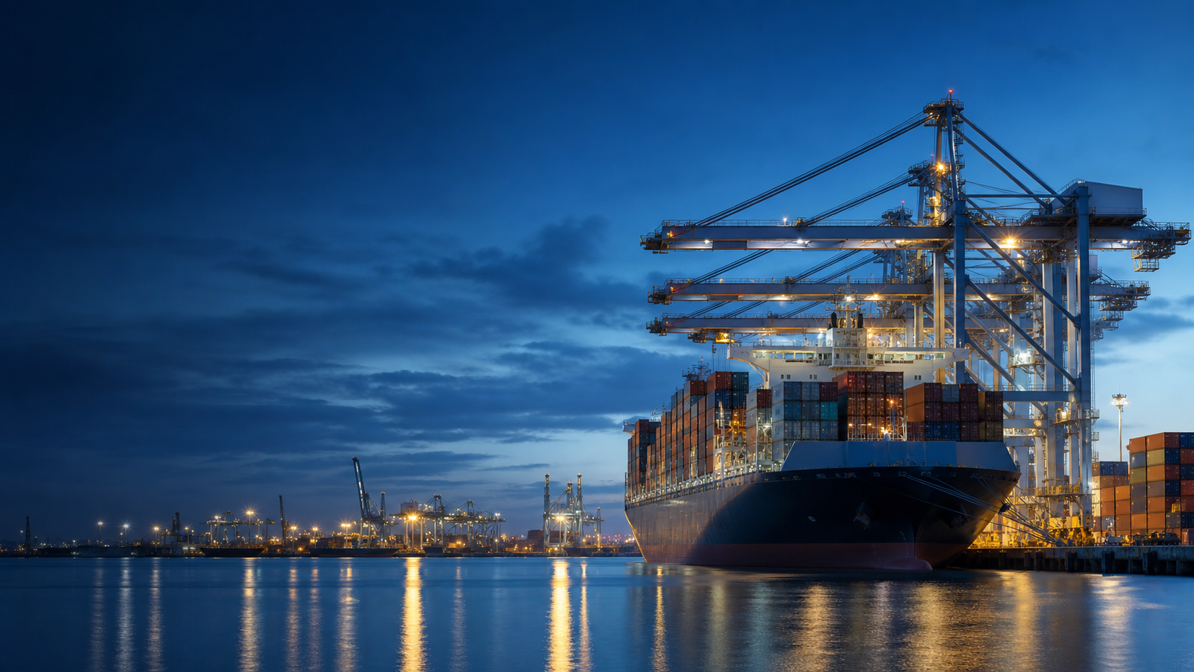 Container ship and cranes at an international port